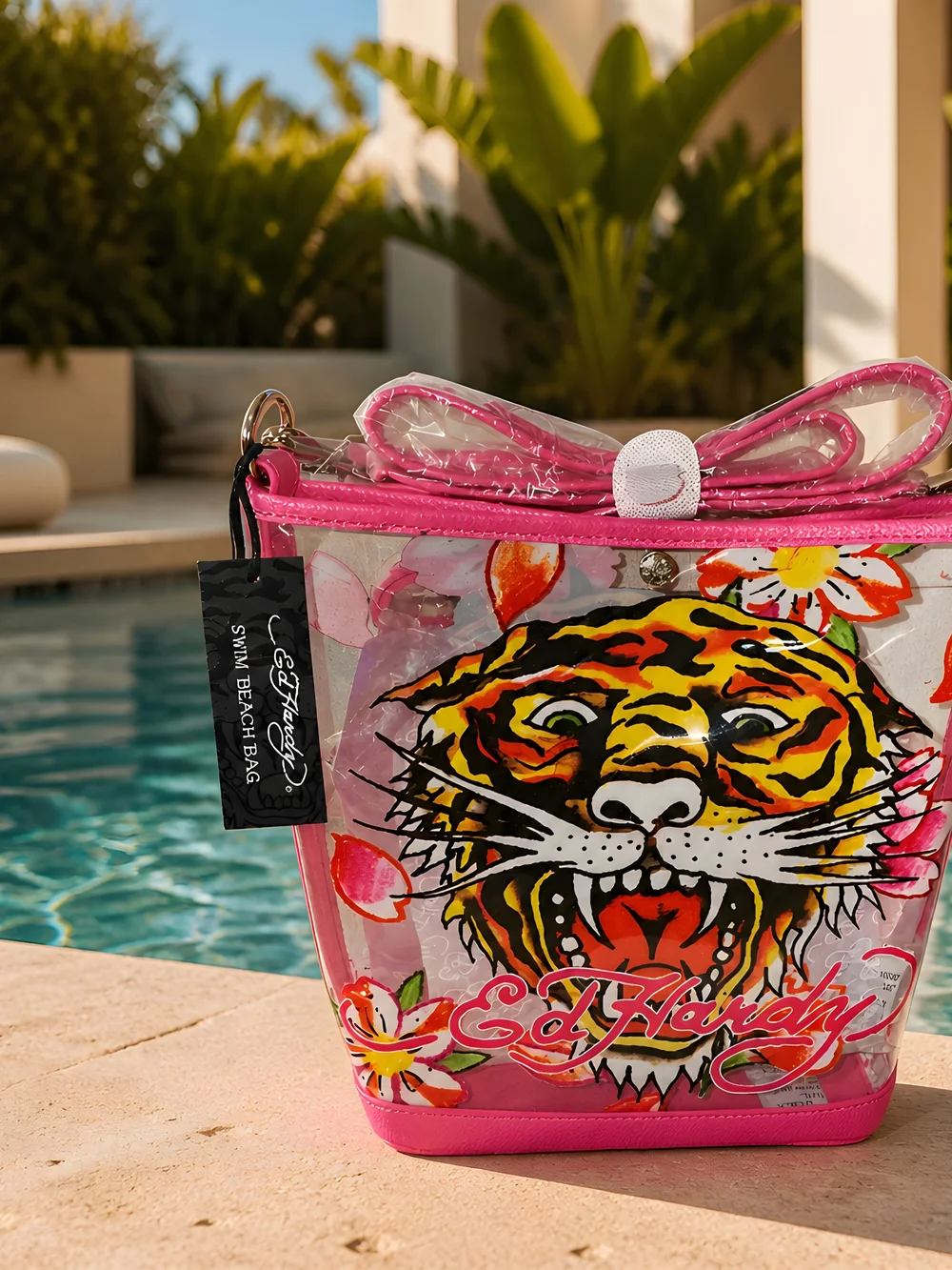 Ed Hardy Pink Clear Crossbody with Bold Tiger Graphic